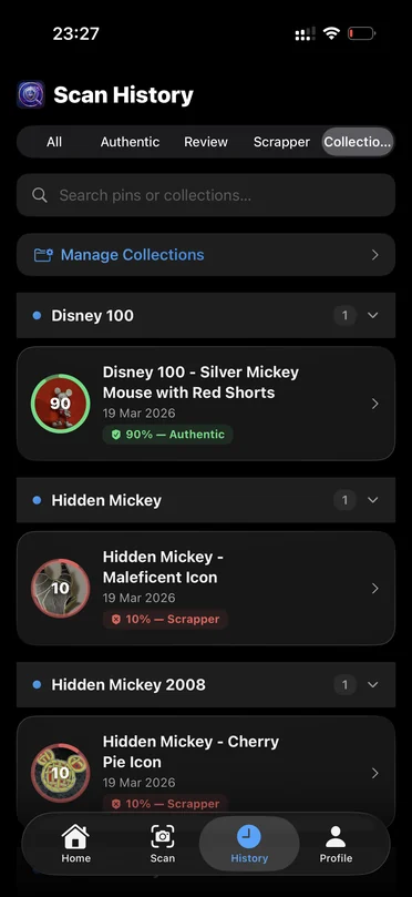 Scan history and collection view