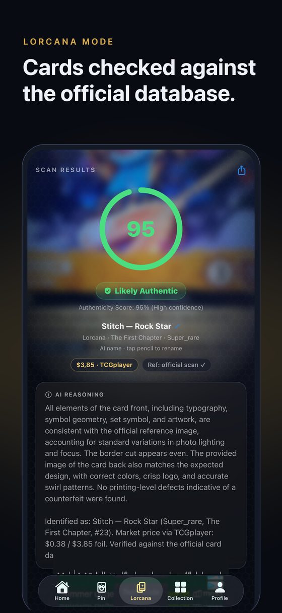 ScrapperScan Lorcana scan result: a 95 Likely Authentic score, the identified card, its market price and the AI's reasoning