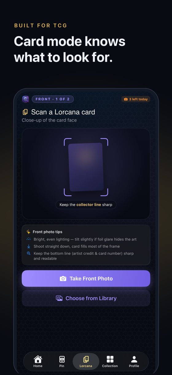ScrapperScan Lorcana capture screen with the collector-line hint and photo tips