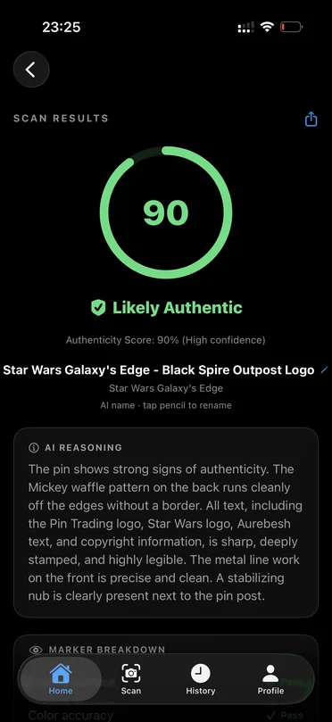 Authenticity score result screen showing 90% likely authentic